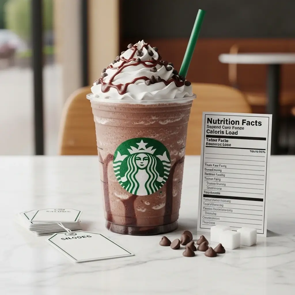 Starbucks secret menu Frappuccino with logo next to blank price tags and nutrition cues.