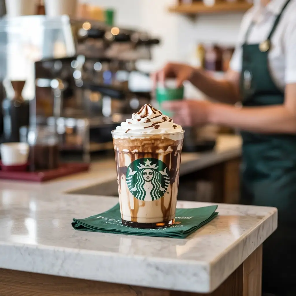 Starbucks barista preparing a secret menu Frappuccino in a logo cup at the counter.