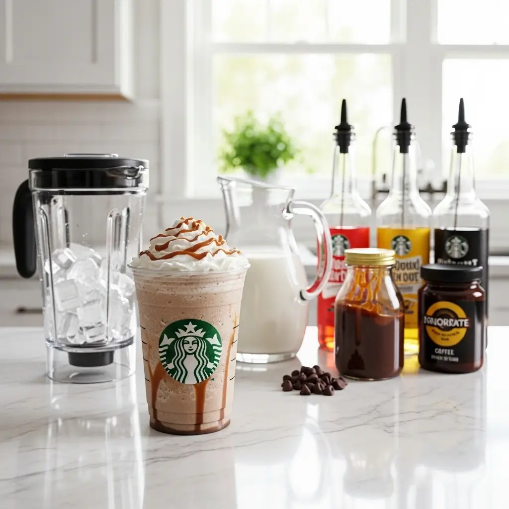 Homemade Starbucks-style secret menu Frappuccino with logo cup and blender ingredients on a kitchen counter.