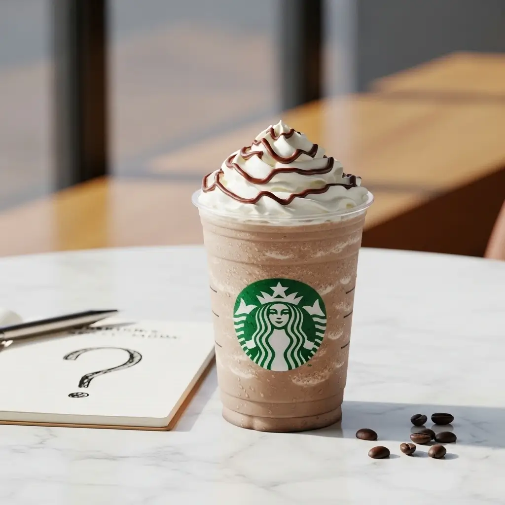 Starbucks secret menu Frappuccino with logo next to a notepad showing a question mark.