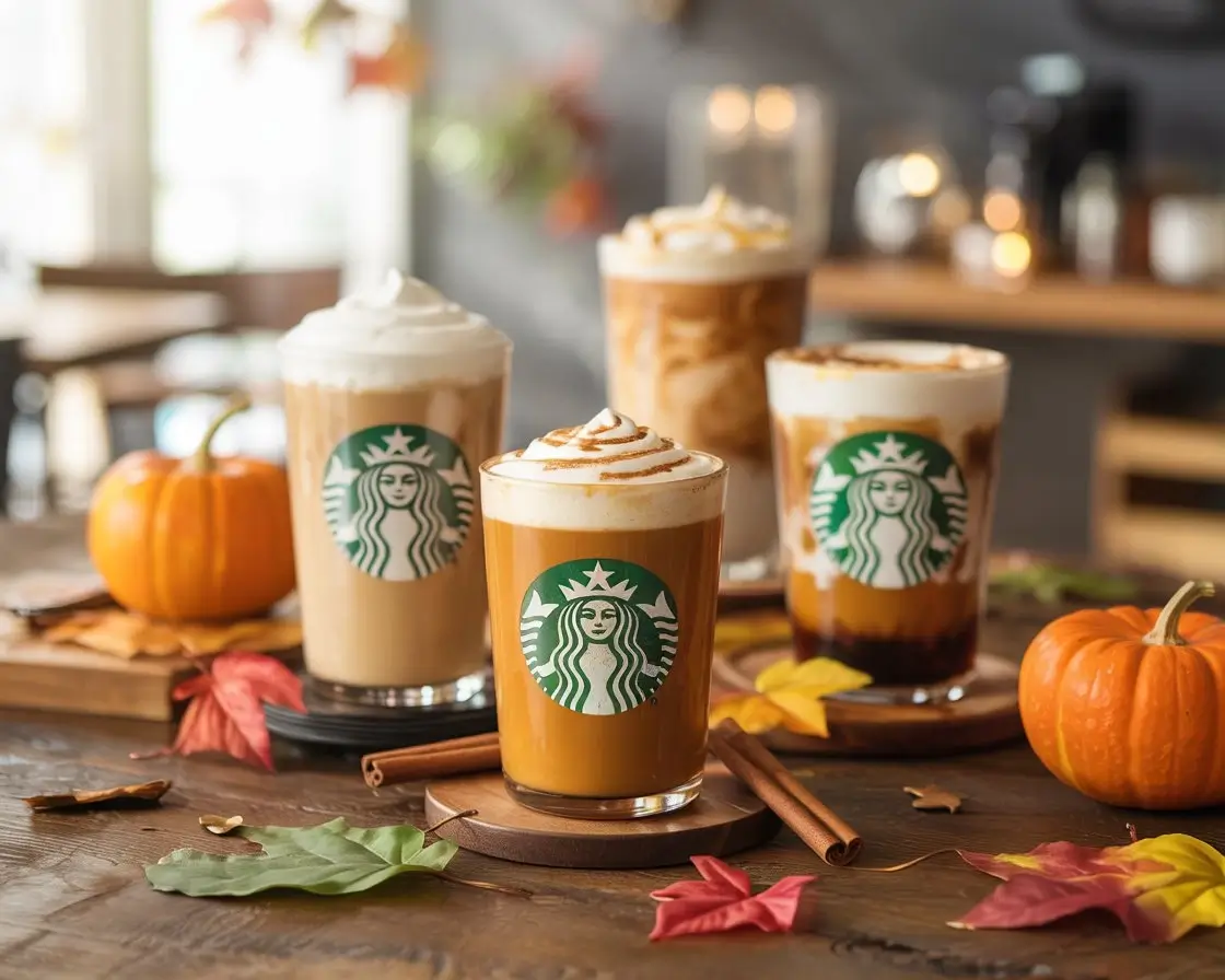 Starbucks fall drinks lineup with logo cups surrounded by autumn leaves, cinnamon sticks, and pumpkins.