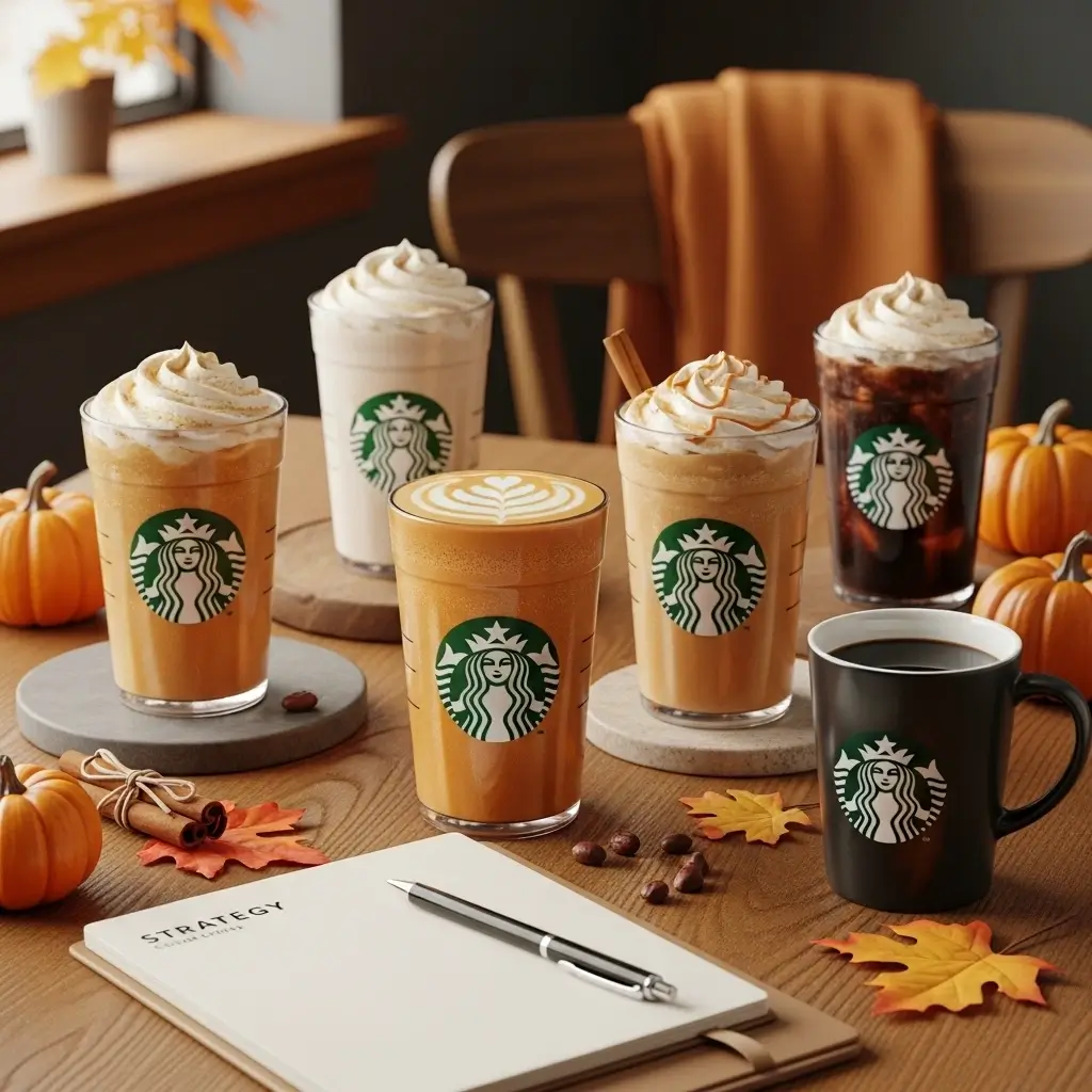 Starbucks fall drinks with logo cups and autumn décor beside a planner showing seasonal menu strategy.