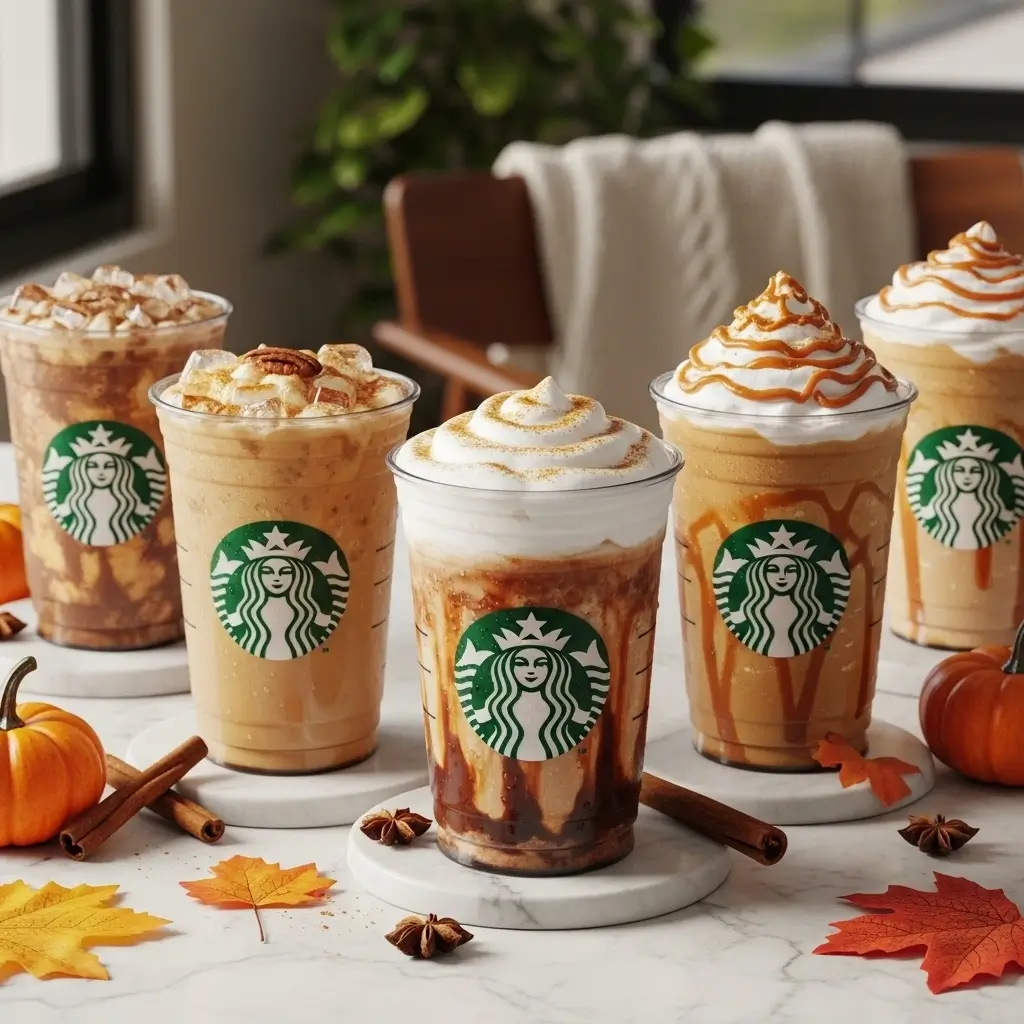 Imagined Starbucks fall drinks in logo cups with pumpkins, cinnamon sticks, and fall leaves.