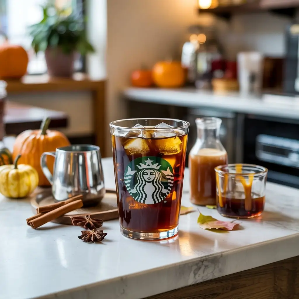 Starbucks fall iced coffee with logo cup surrounded by syrups and autumn ingredients for customization.